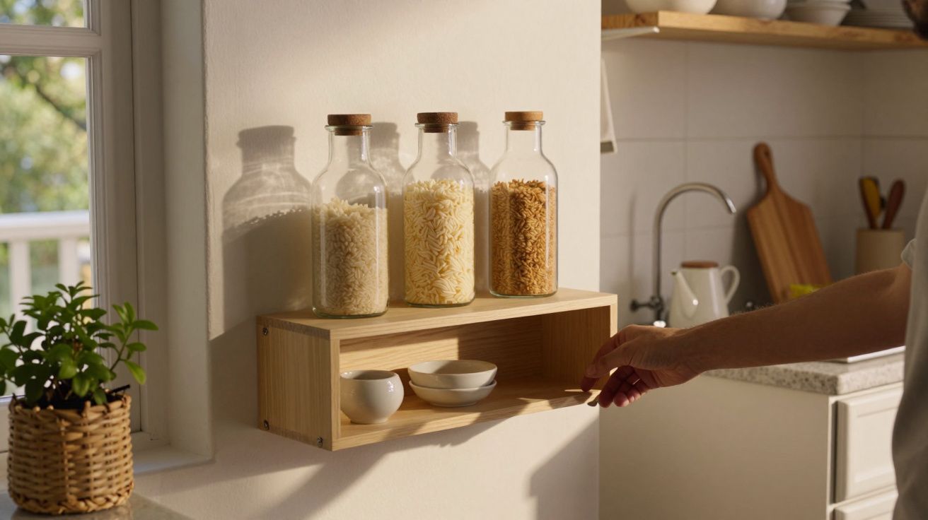 Estante com frascos de grãos e especiarias, duas taças pequenas e uma planta em vaso numa cozinha iluminada.