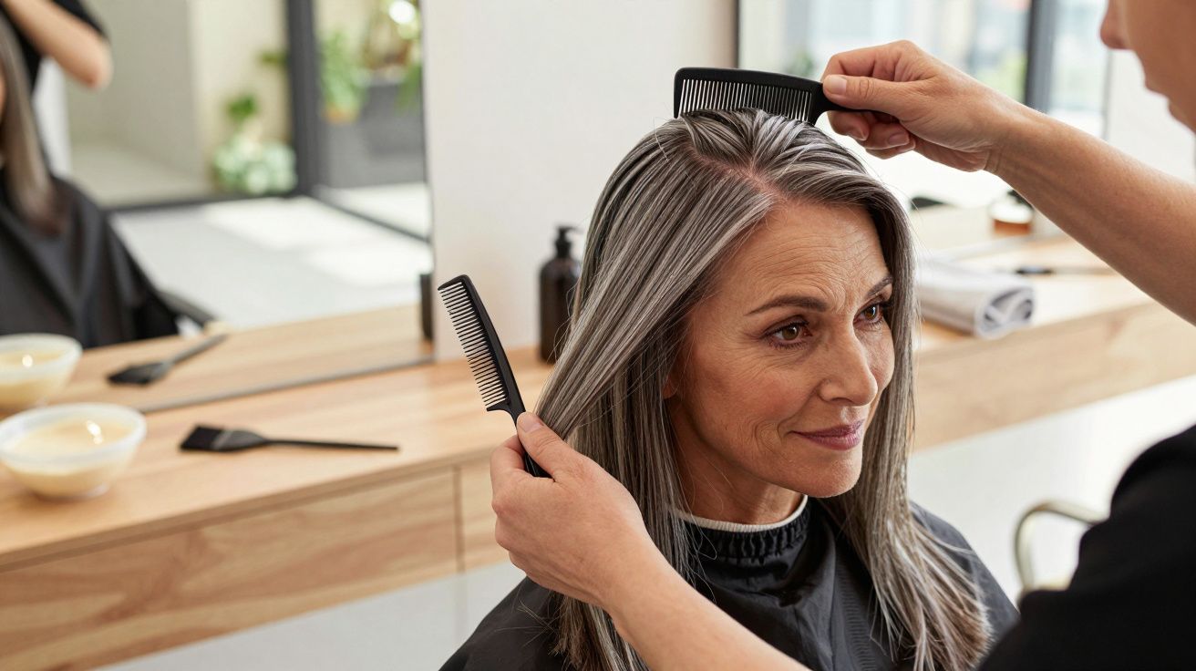 Mulher de cabelos grisalhos a ser penteada em cabeleireiro, com pente e escova em frente a um espelho.