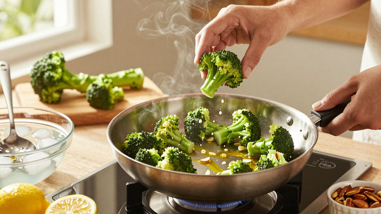 Pessoa a cozinhar brócolos numa frigideira em fogão, com limão e brócolos no fundo.