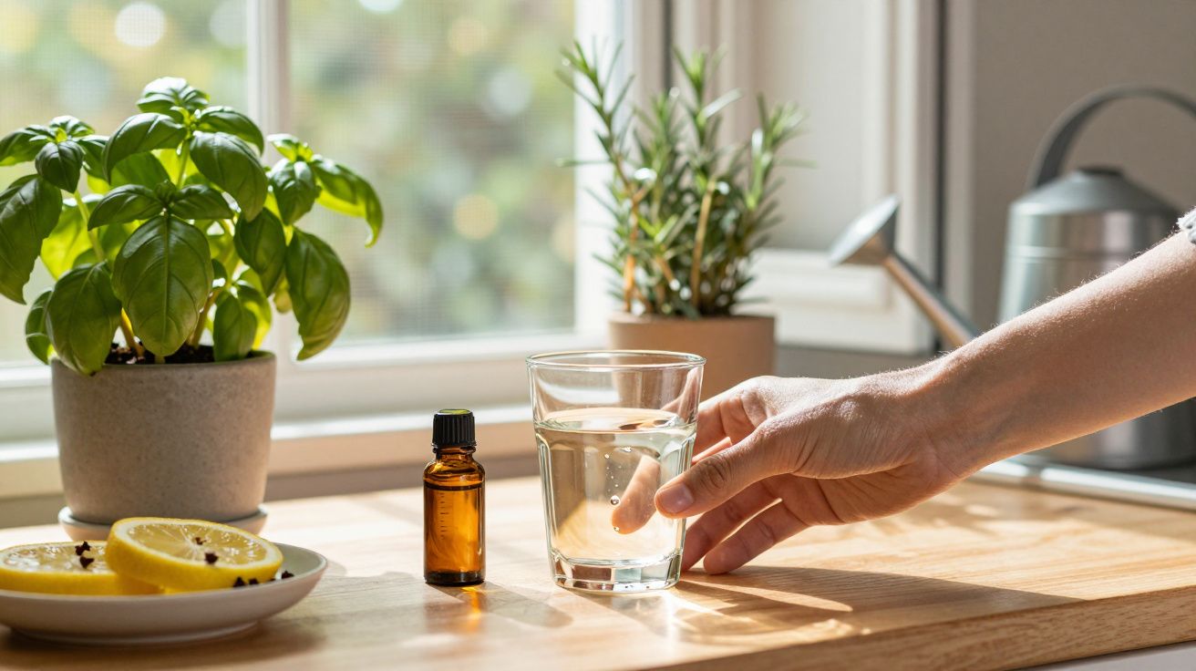 Mão segurando copo de água ao lado de vaso com manjericão, limões fatiados e frasco âmbar sobre a mesa de madeira.