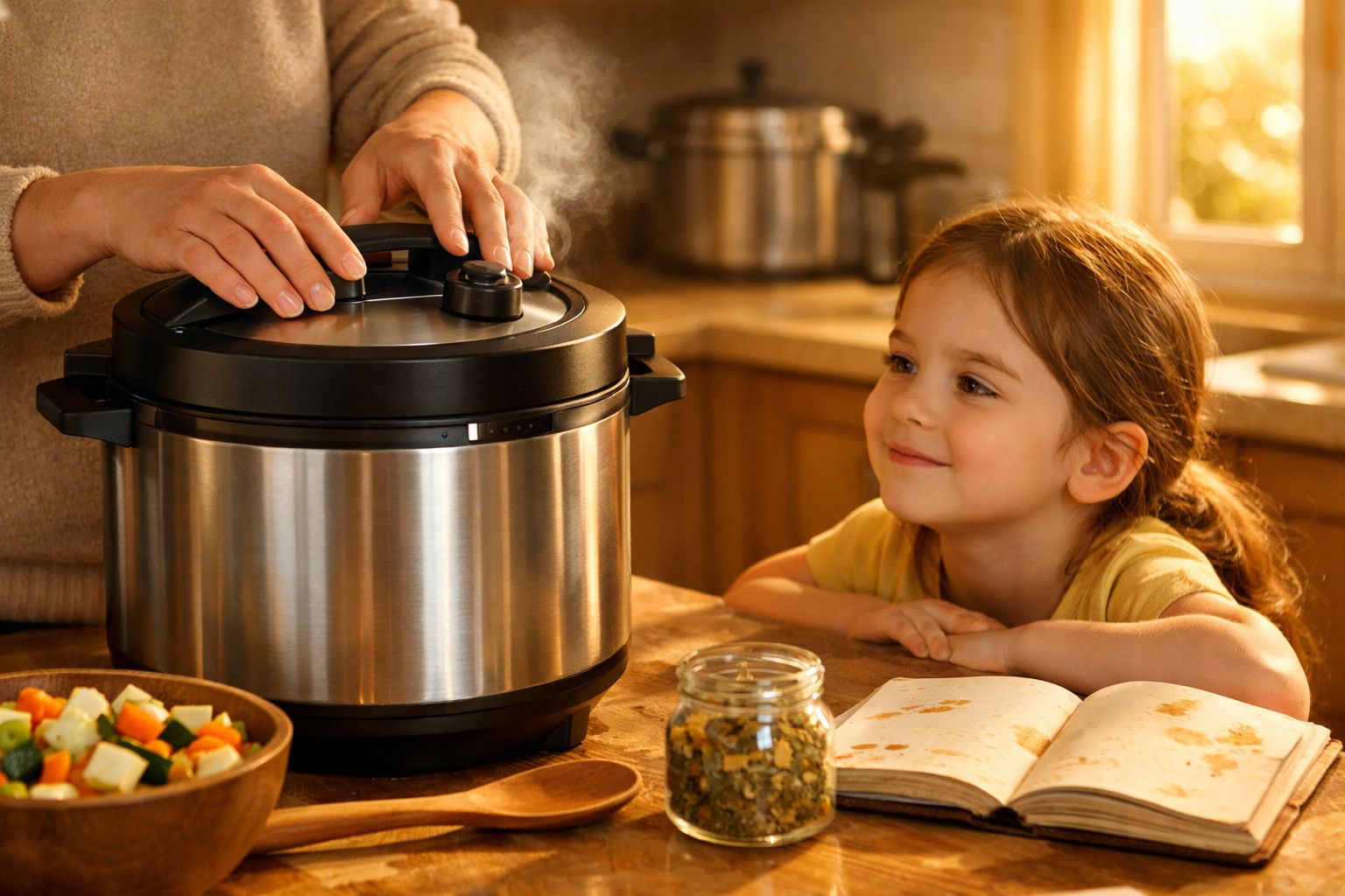 Criança observa uma panela de pressão elétrica com alimentos numa mesa de cozinha iluminada pelo sol.