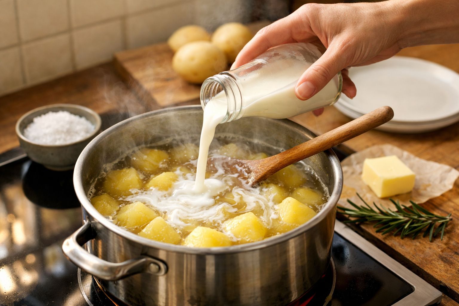 Mão a verter leite numa panela com batatas a cozer. Ao fundo, mais batatas, sal e alecrim sobre a mesa.