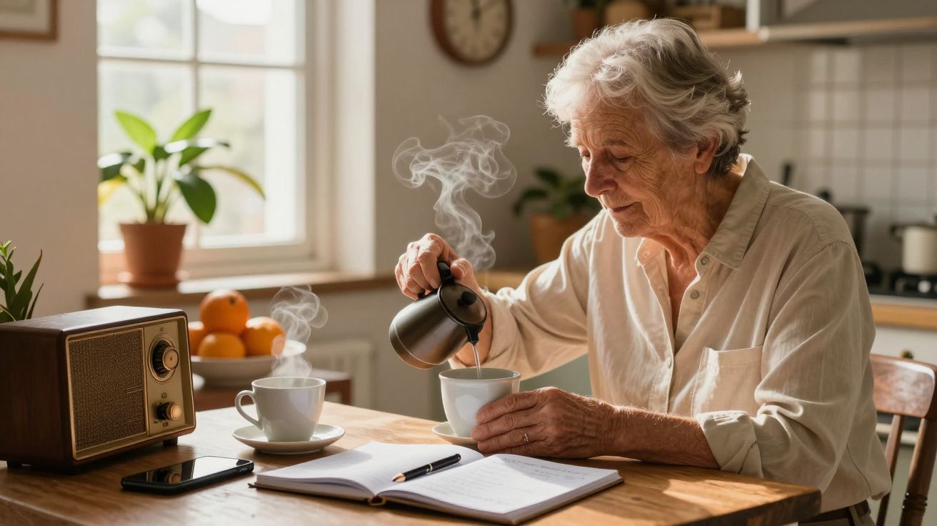 Idosa servindo chá numa cozinha iluminada, com rádio vintage e bloco de notas sobre a mesa.