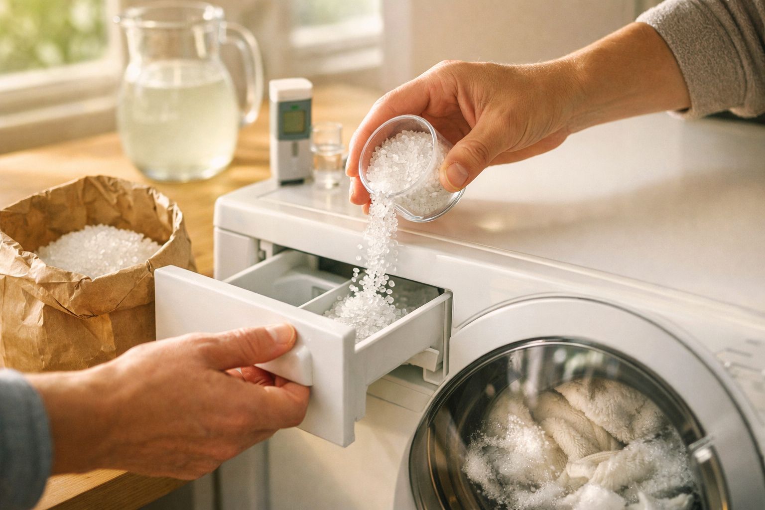 Pessoa a colocar detergente em pérolas na gaveta de máquina de lavar roupa.