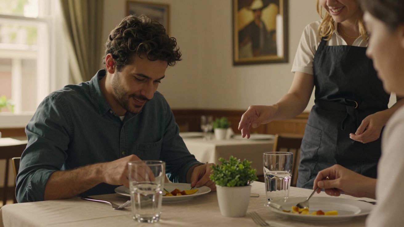 Homem a comer num restaurante, servido por empregada sorridente. Mesas com pratos e copos, decoração acolhedora.