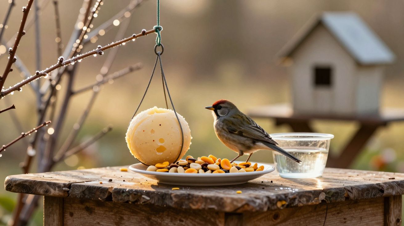 Pássaro no alimentador, ao lado de prato com sementes e água, num jardim ao amanhecer. Casa de pássaros ao fundo.