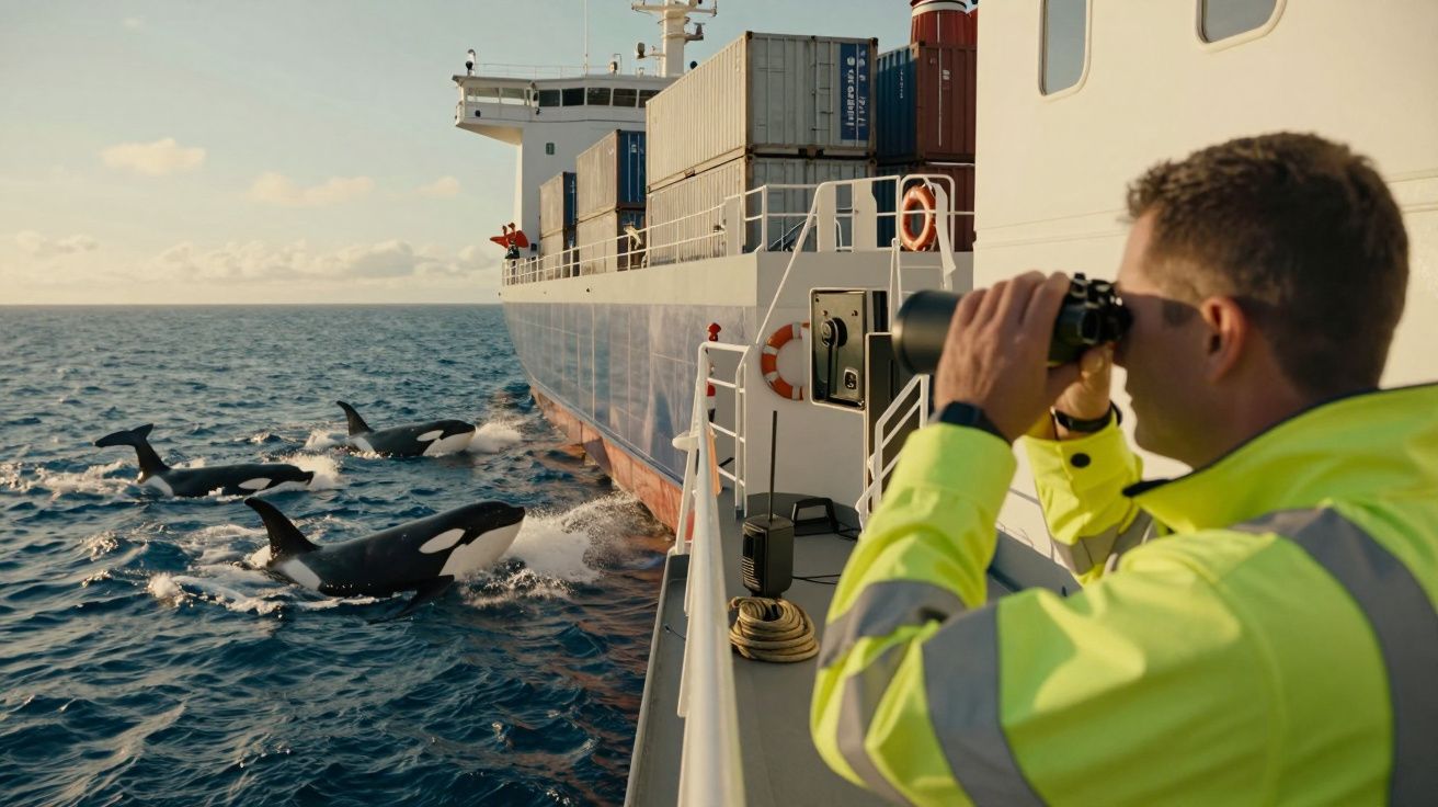 Homem observa orcas a nadarem ao lado de um navio com binóculos.