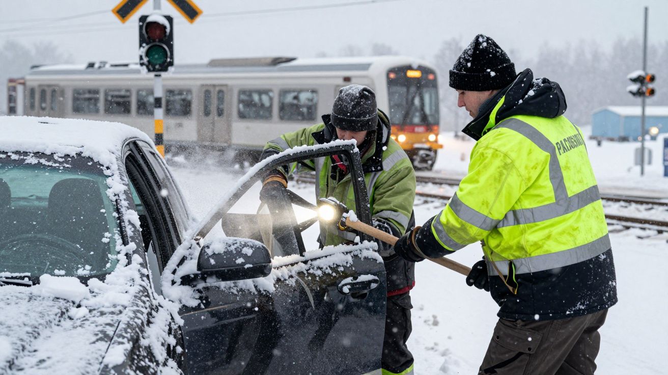 Dois homens removem neve de um carro preso numa passagem de nível, com um comboio ao fundo.
