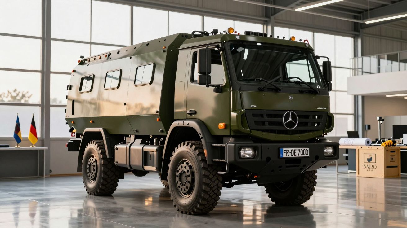 Camião militar verde da Mercedes estacionado em garagem bem iluminada, com bandeiras ao fundo.
