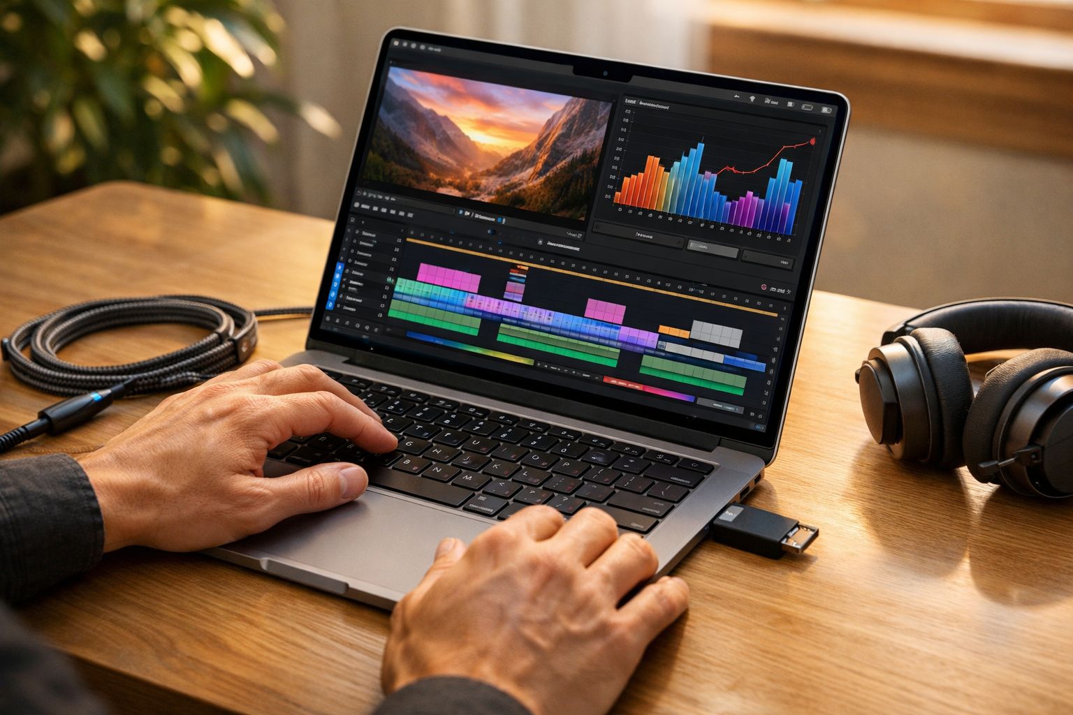 Pessoa a editar vídeo num portátil com gráficos e auscultador ao lado.