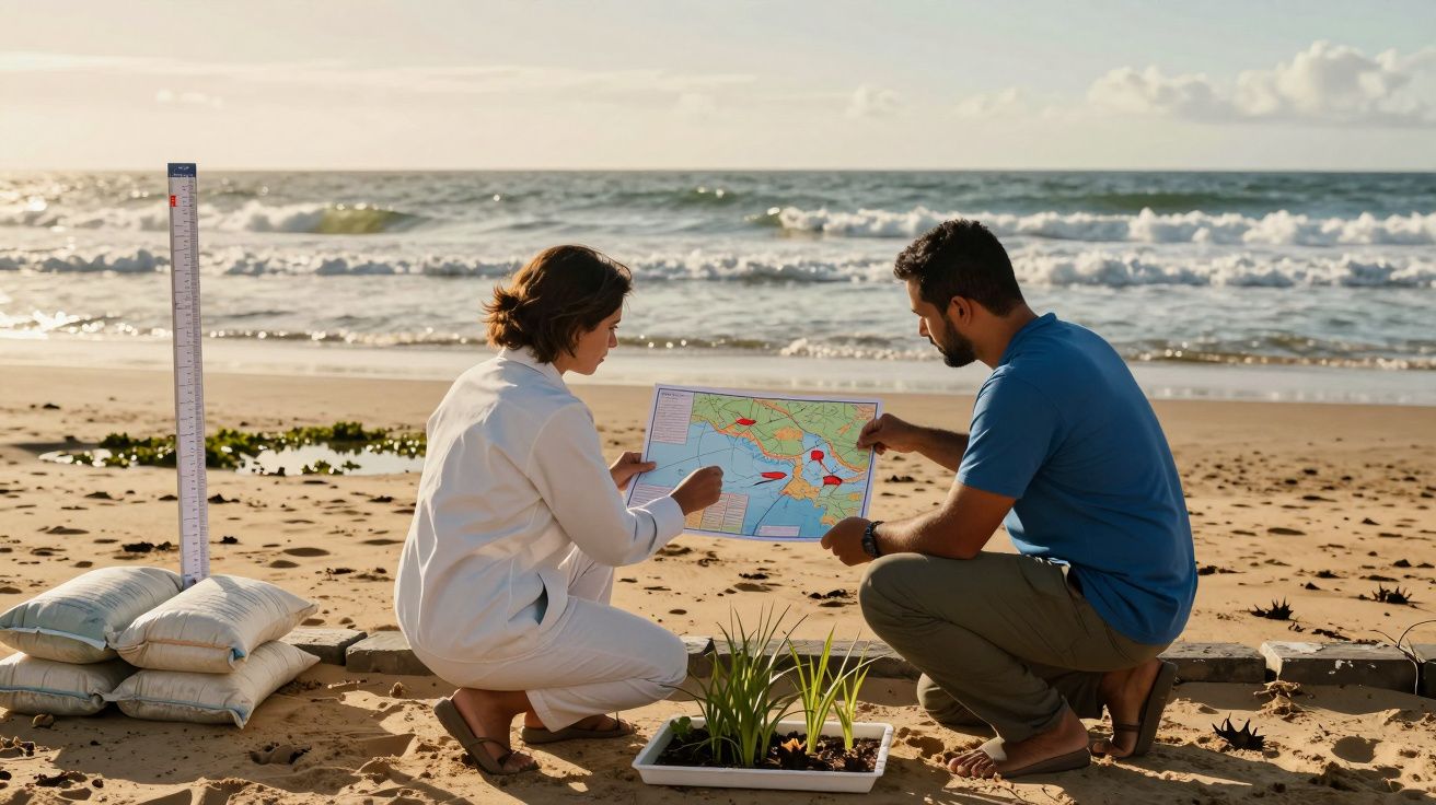 Duas pessoas analisam um mapa na praia. Estão rodeadas por sacos de areia e plantas em frente ao mar.