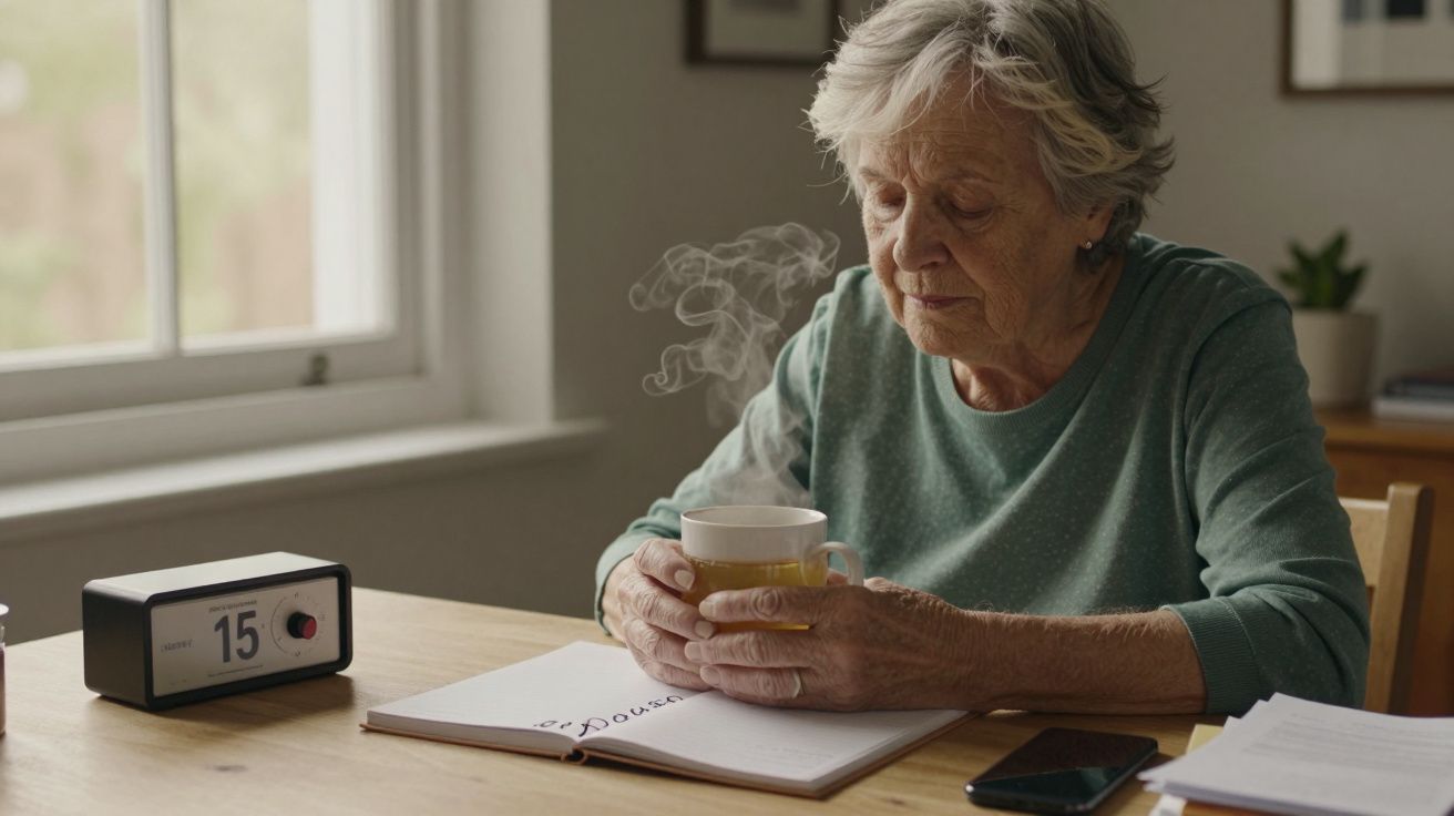 Idosa sentada à mesa com chá quente e livro, rádio ao lado, janela ao fundo.