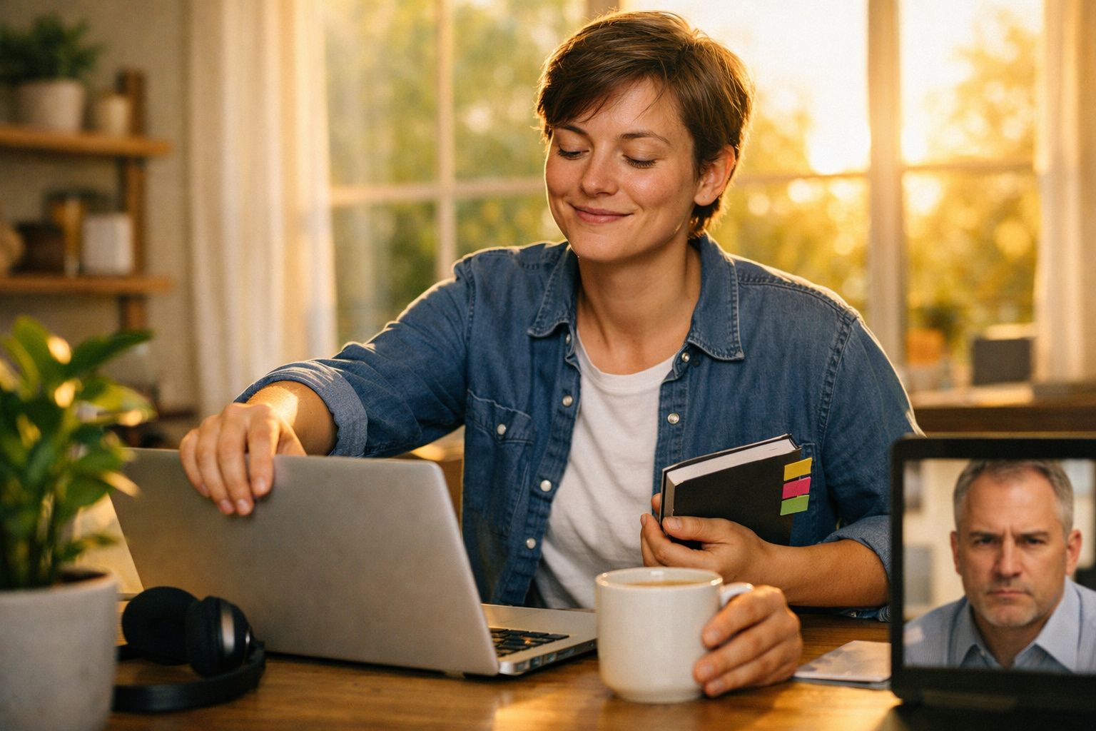 Mulher sorridente trabalha no portátil com chávenas e caderno, em chamada de vídeo com homem no ecrã, ao pôr do sol.