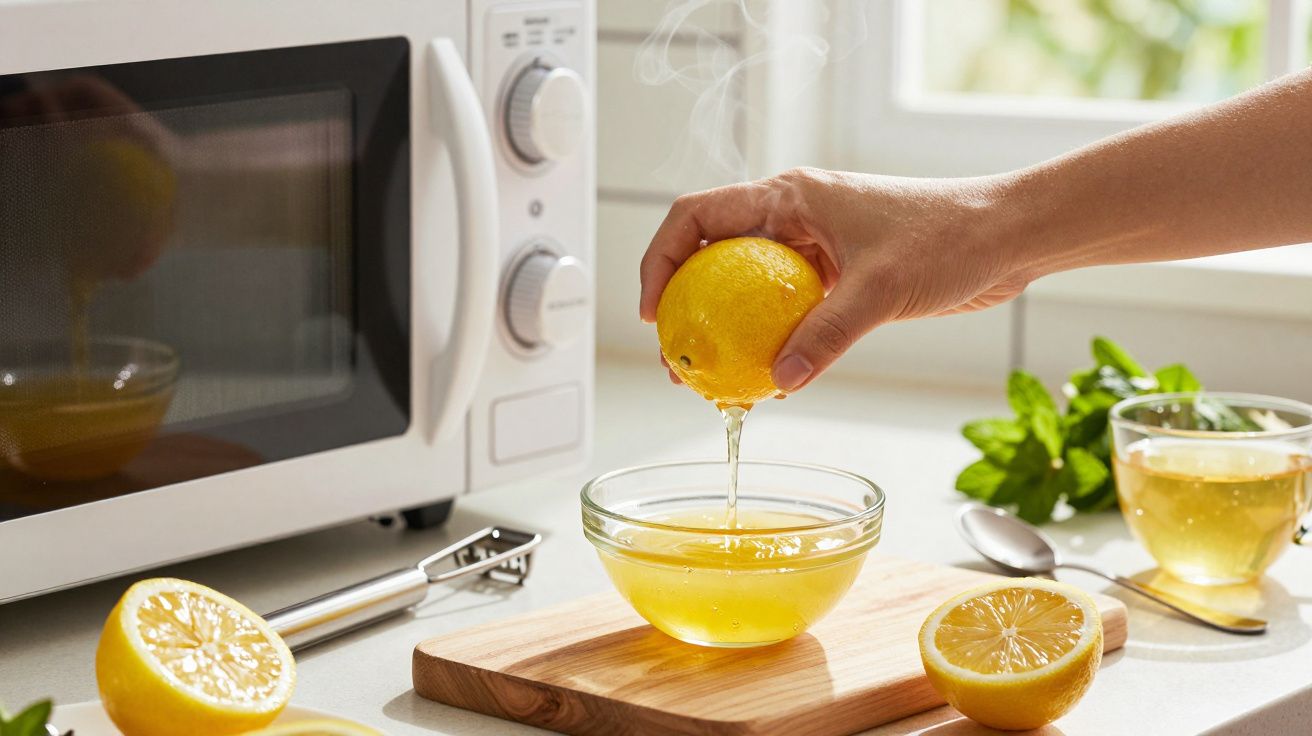 Mão a espremer limão sobre uma tigela de vidro, com chá ao lado; micro-ondas ao fundo e ervas frescas por perto.