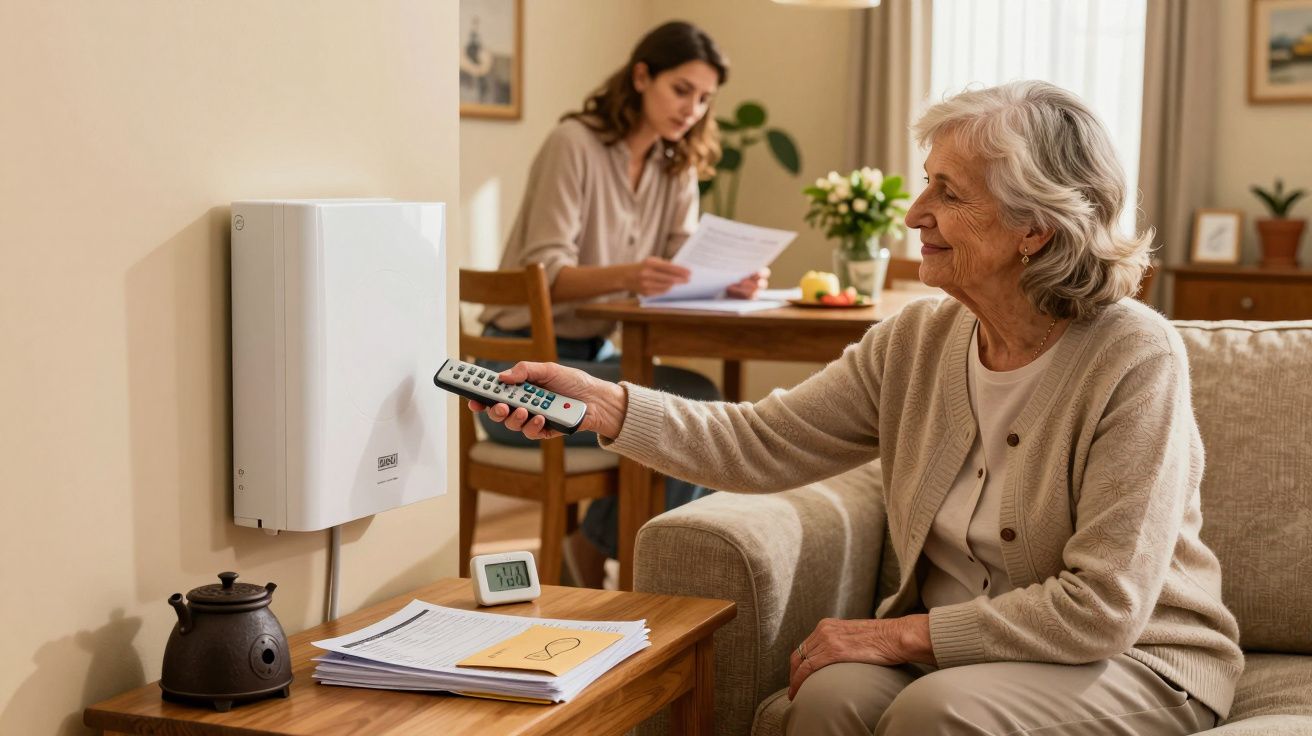 Idosa ajusta um termostato com um controlo remoto na sala, enquanto uma mulher jovem lê documentos à mesa.