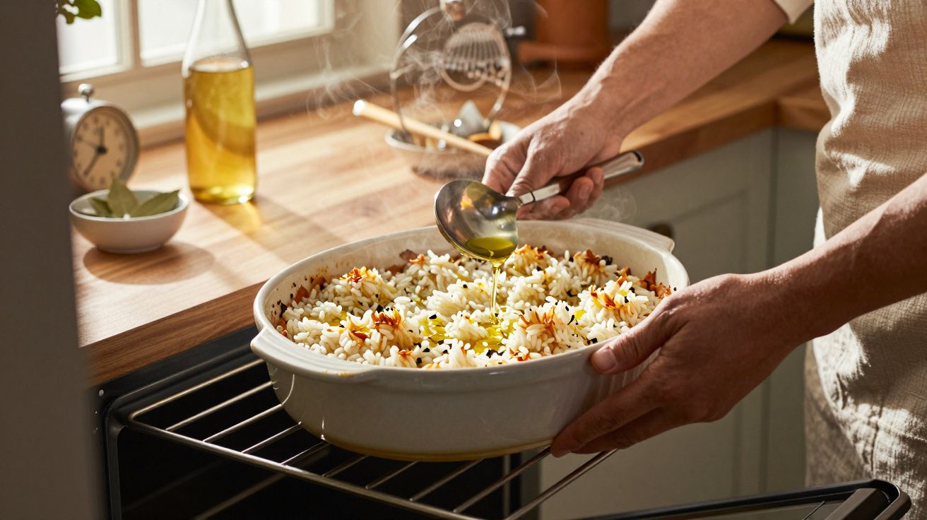 Pessoa a preparar arroz num tabuleiro no forno, adicionando óleo com uma colher.