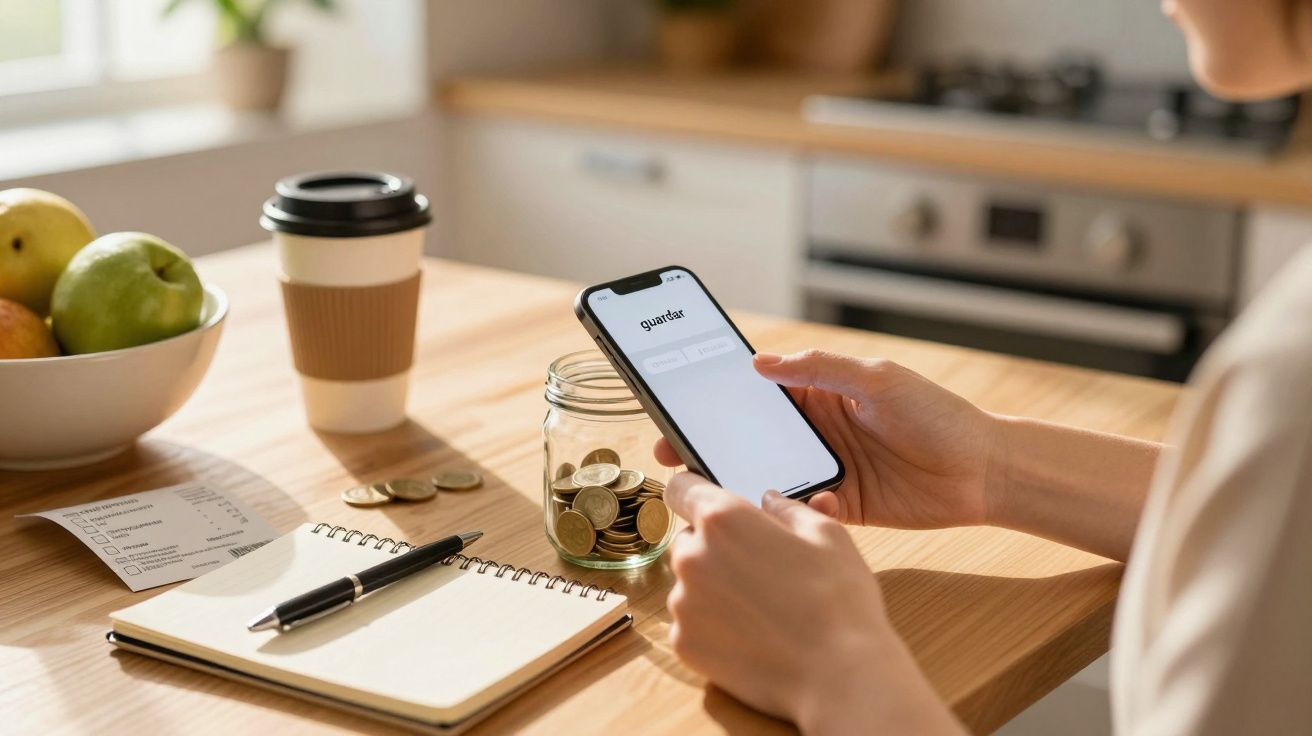 Pessoa segurando um telemóvel, à frente de um bloco de notas, moedas e recipiente com moedas, em cozinha iluminada.