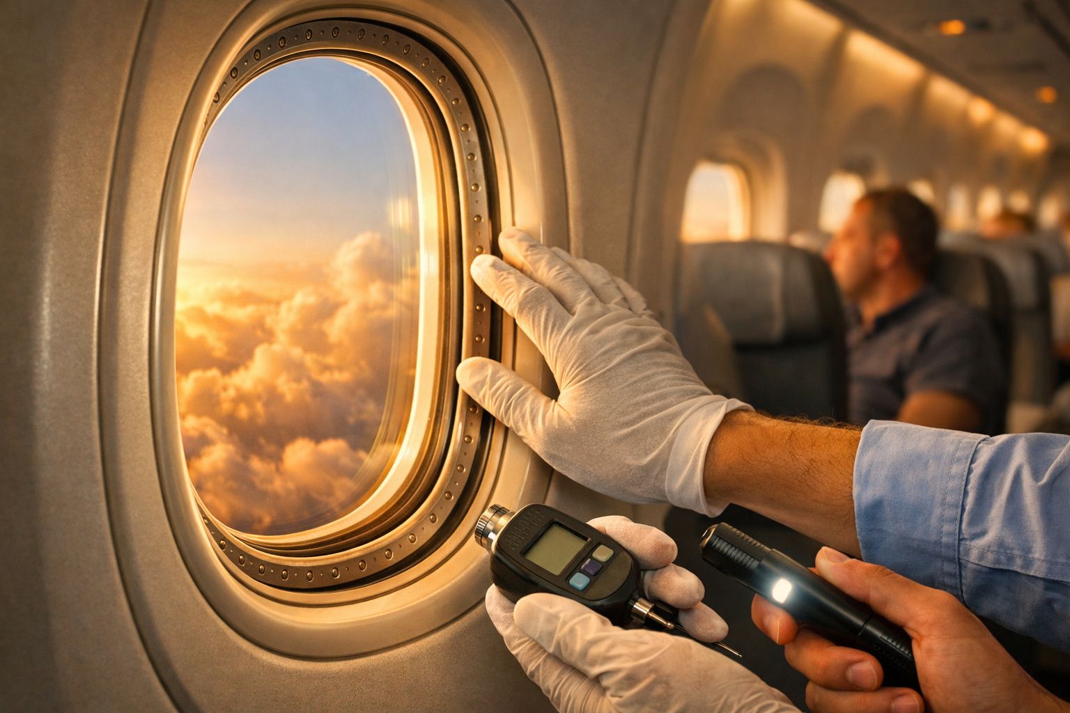 Mãos enluvadas seguram dispositivo junto à janela de avião, com nuvens douradas ao fundo e passageiro desfocado ao lado.