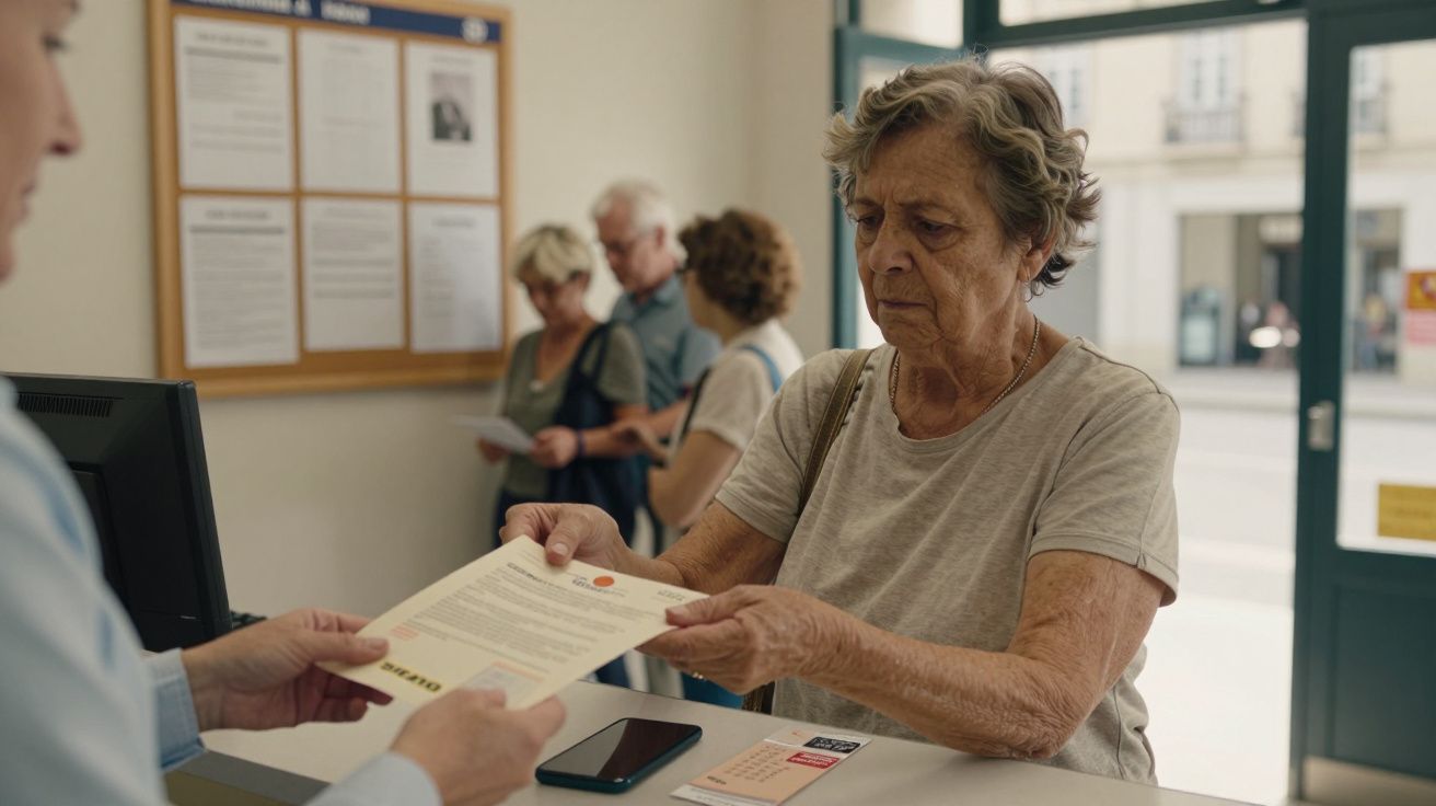 Mulher idosa recebe documento numa receção de escritório com pessoas em fila ao fundo.