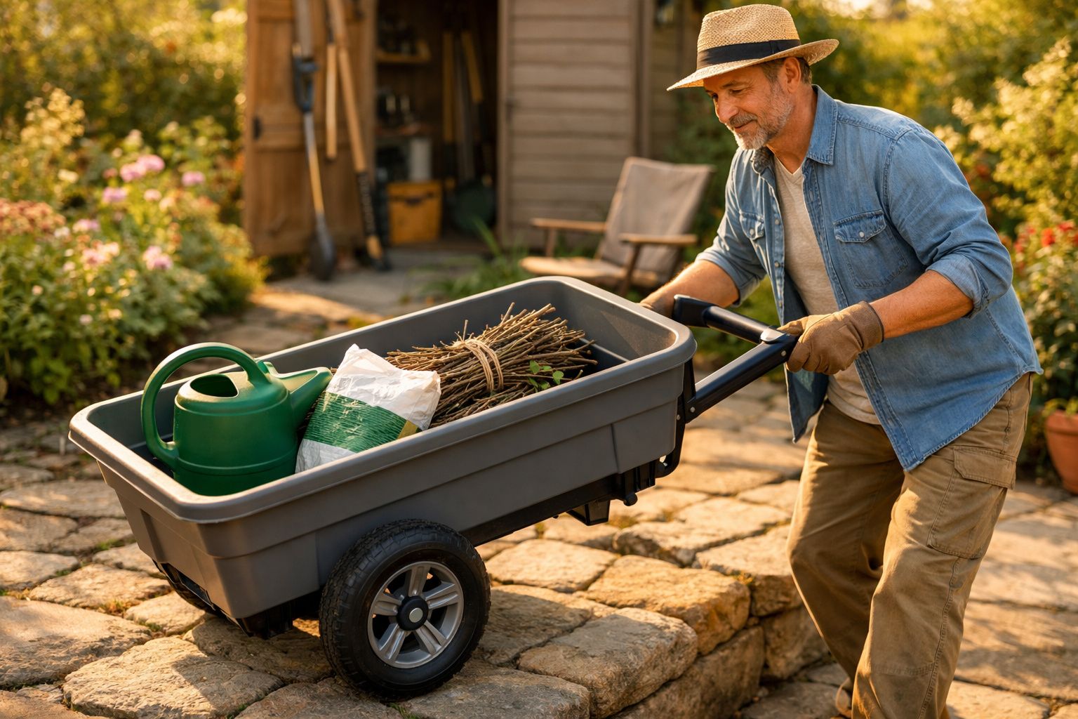 Homem empurra carrinho de mão com regador, ramos e terra em jardim ensolarado.