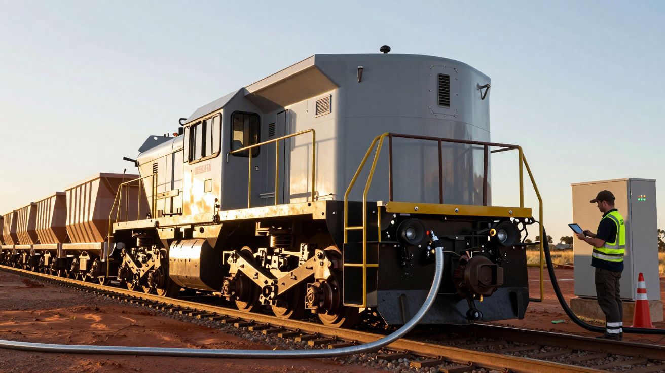 Locomotiva cinzenta num trilho com vagões, técnico usando tablet ao lado de um terminal de controlo.