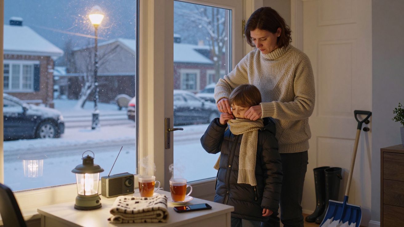 Mulher agasalha criança em casa no inverno; chá servido à mesa e neve lá fora.