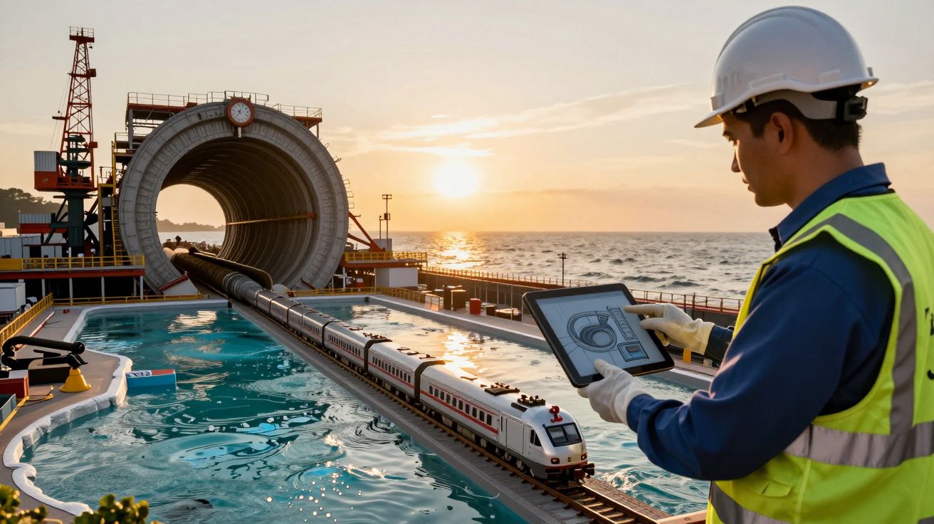 Engenheiro analisa tablet enquanto comboio modelo percorre trilhos em túnel junto ao mar ao pôr do sol.
