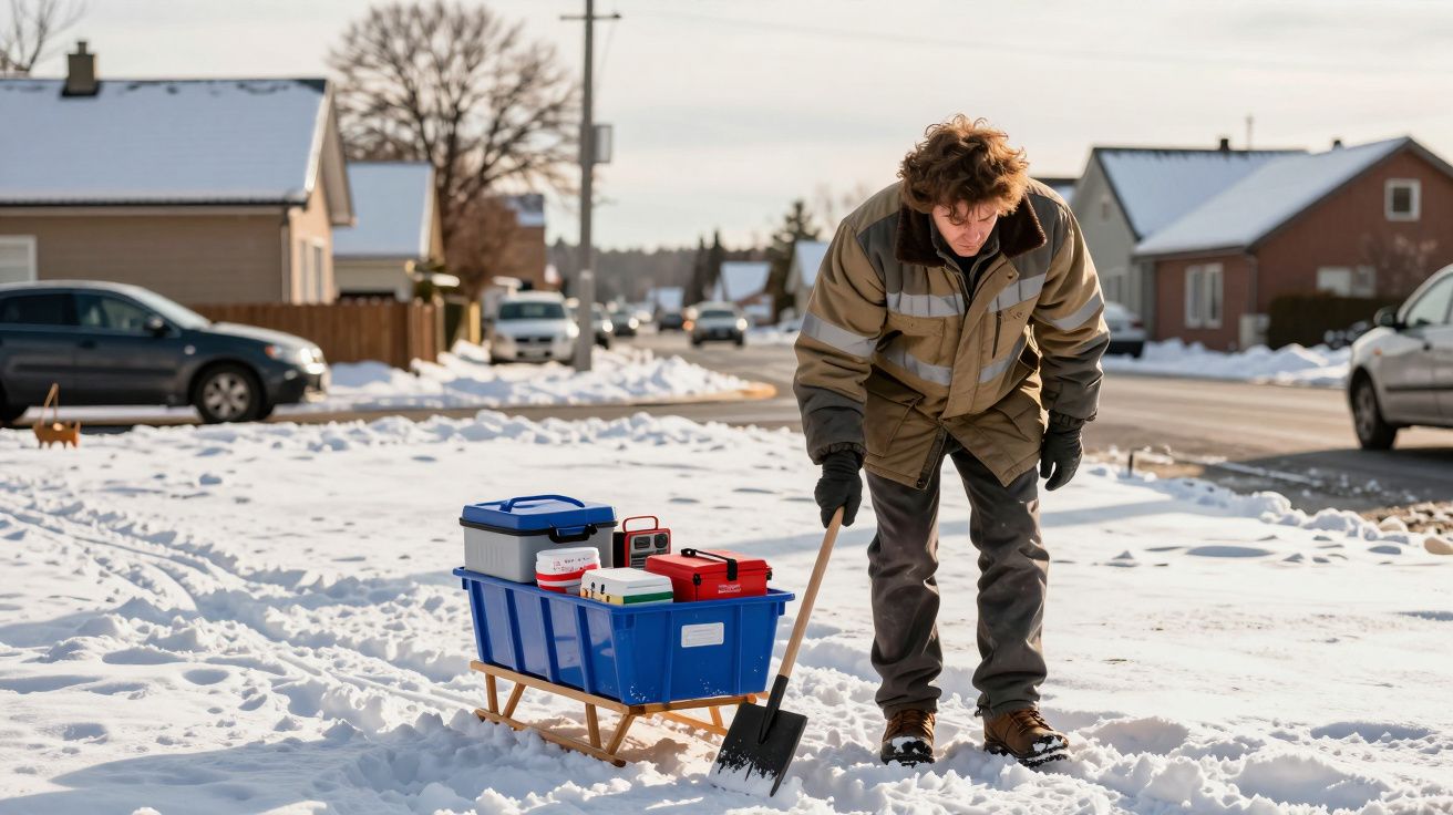 Homem a limpar neve com uma pá numa rua residencial, com um trenó azul cheio de caixas ao lado.