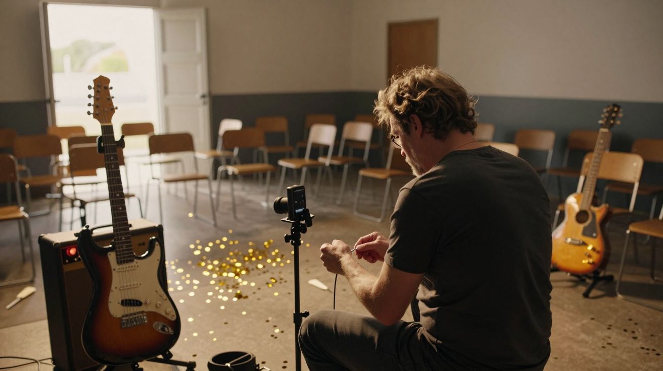 Homem sentado a mexer num dispositivo num sala com cadeiras vazias, duas guitarras e luz suave entrando pela porta aberta.