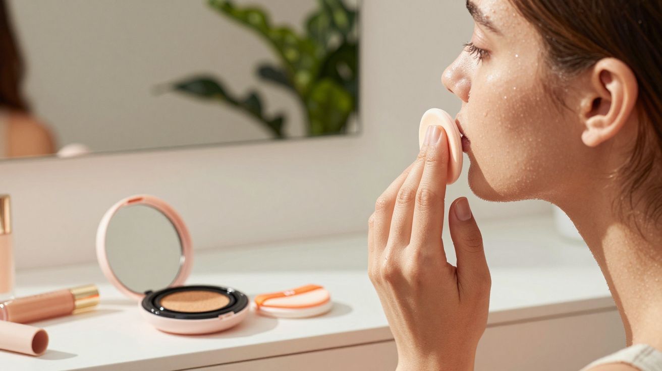 Mulher aplica maquilhagem num espelho, com esponja e cosméticos na mesa.