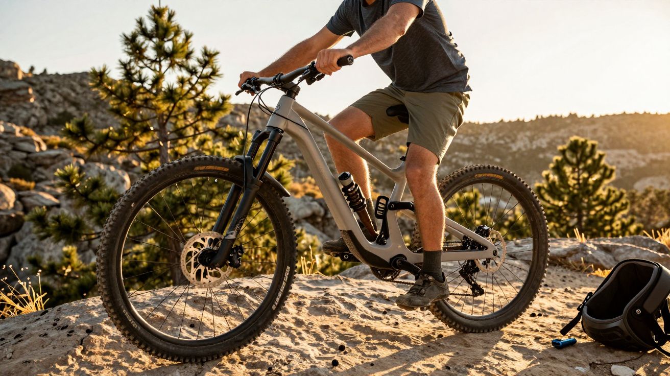 Homem a andar de bicicleta de montanha numa trilha rochosa ao pôr do sol, com árvores ao fundo.