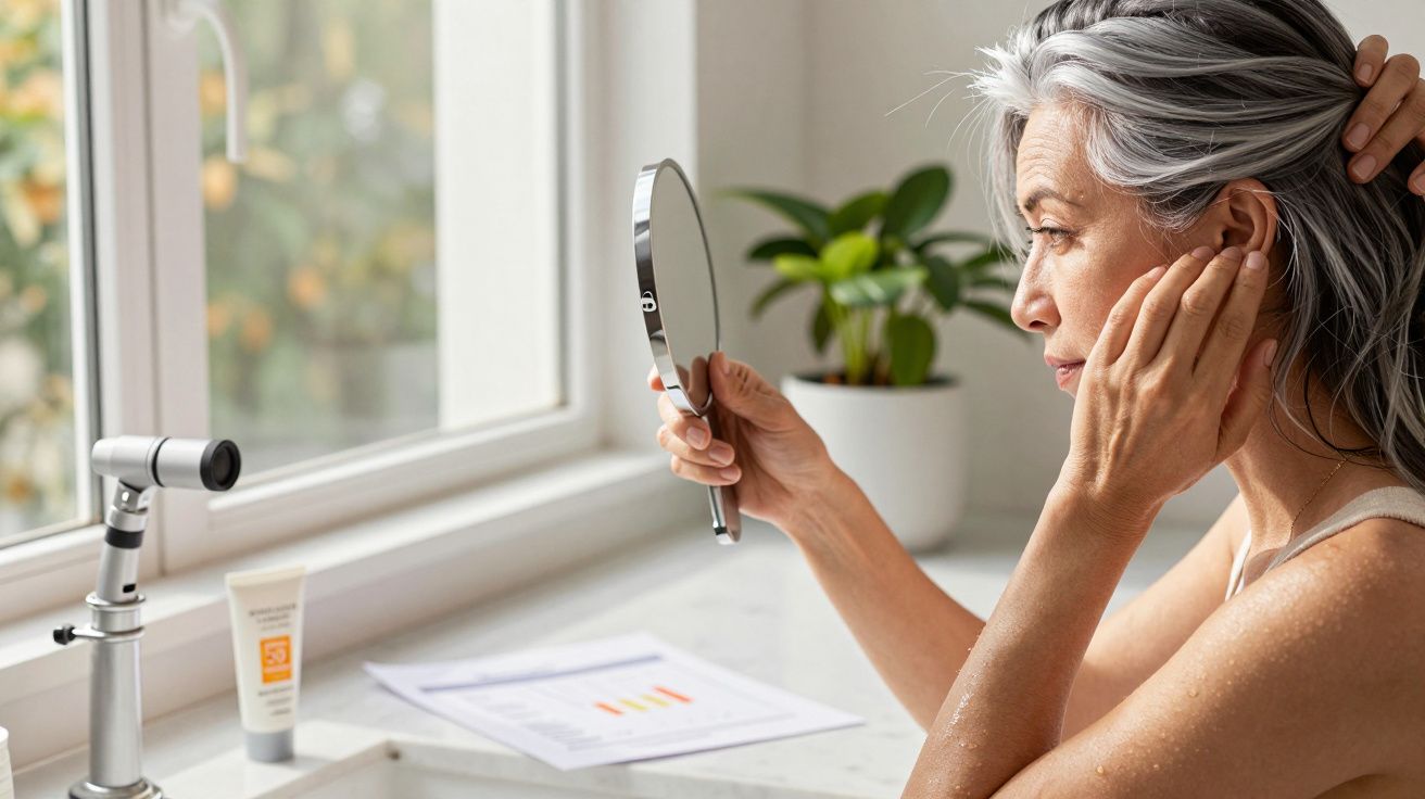Mulher olhando no espelho na casa de banho, ajustando o cabelo. Há plantas e um produto de cuidado da pele no balcão.