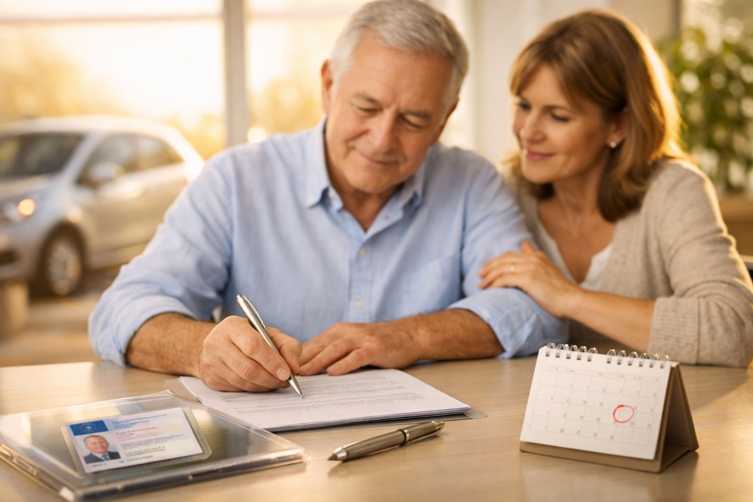 Casal maduro sentado à mesa, homem a preencher documentos enquanto a mulher o observa, com calendário e carta de condução.