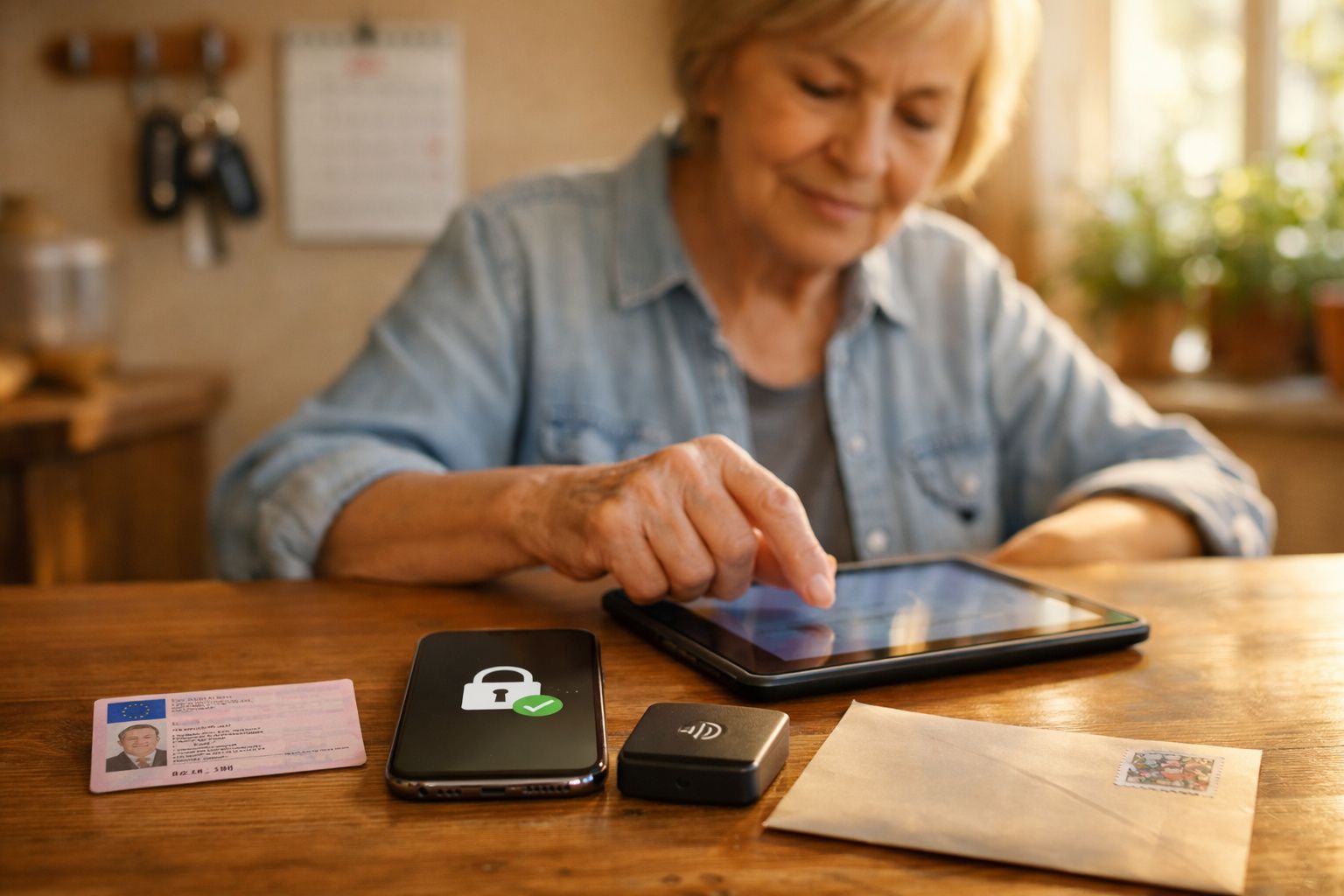 Mulher idosa usando tablet com cartão de identificação, smartphone e envelope sobre a mesa.