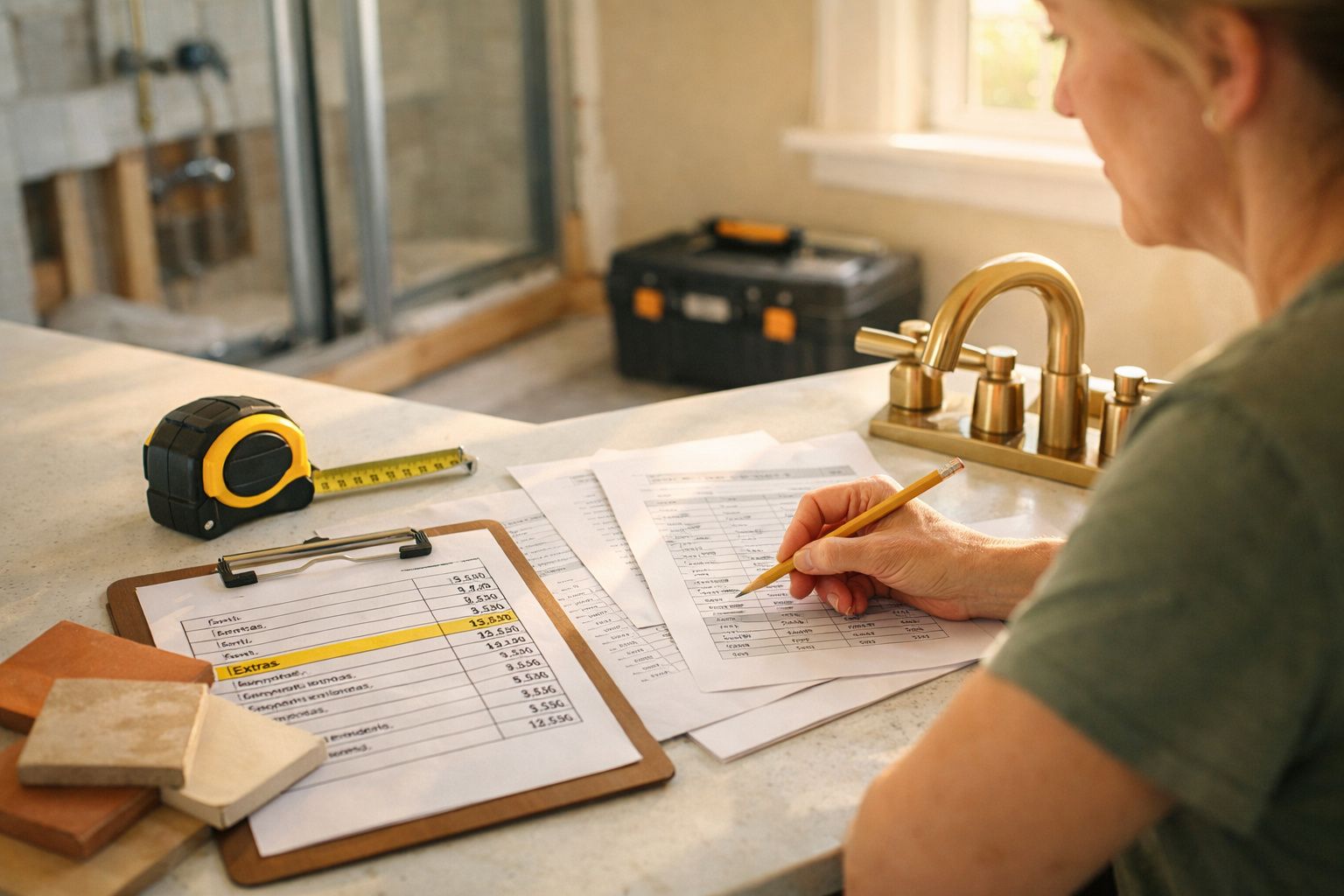 Pessoa revisa lista de despesas na cozinha em reforma, com fita métrica e amostras de materiais ao lado.
