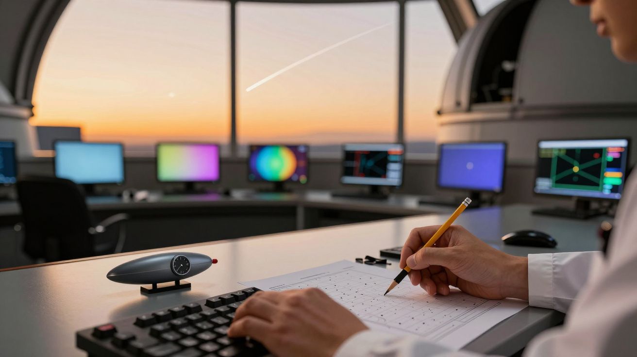 Pessoa escreve numa folha em observatório, com monitores e um céu ao pôr do sol ao fundo.