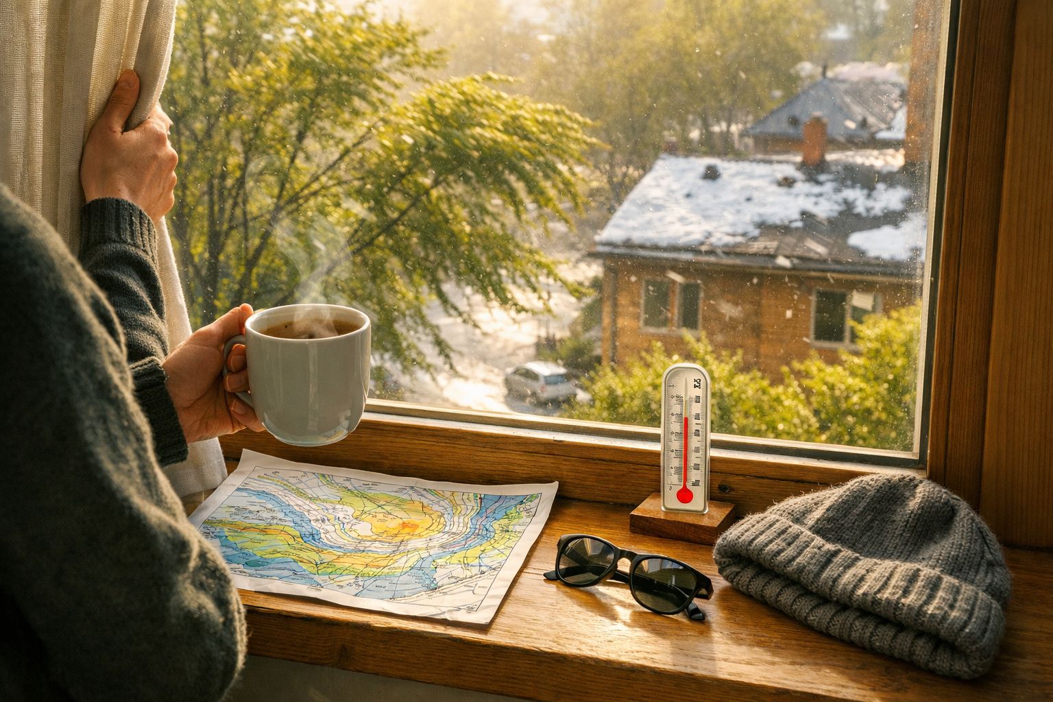 Pessoa segura uma chávena junto à janela. Há um mapa, óculos de sol, gorro e termómetro indicando temperatura fria.