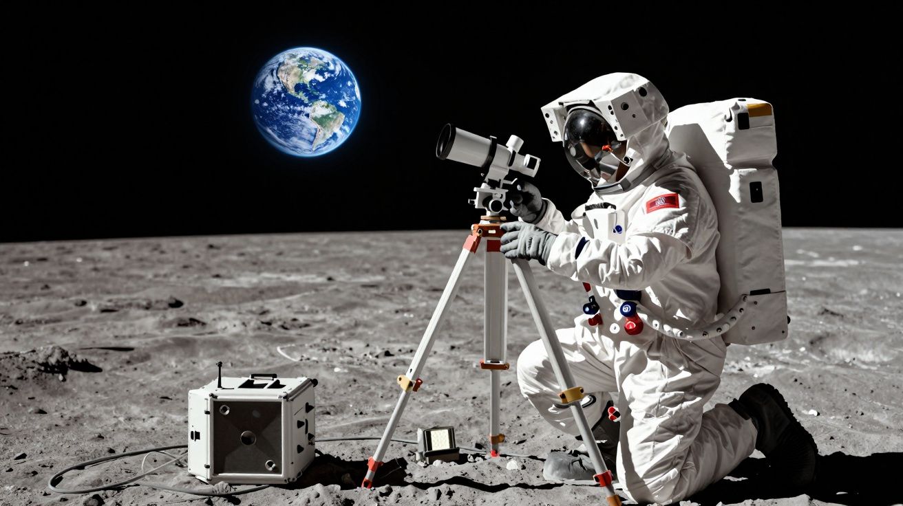 Astronauta na Lua a usar telescópio, Terra visível ao fundo no espaço.