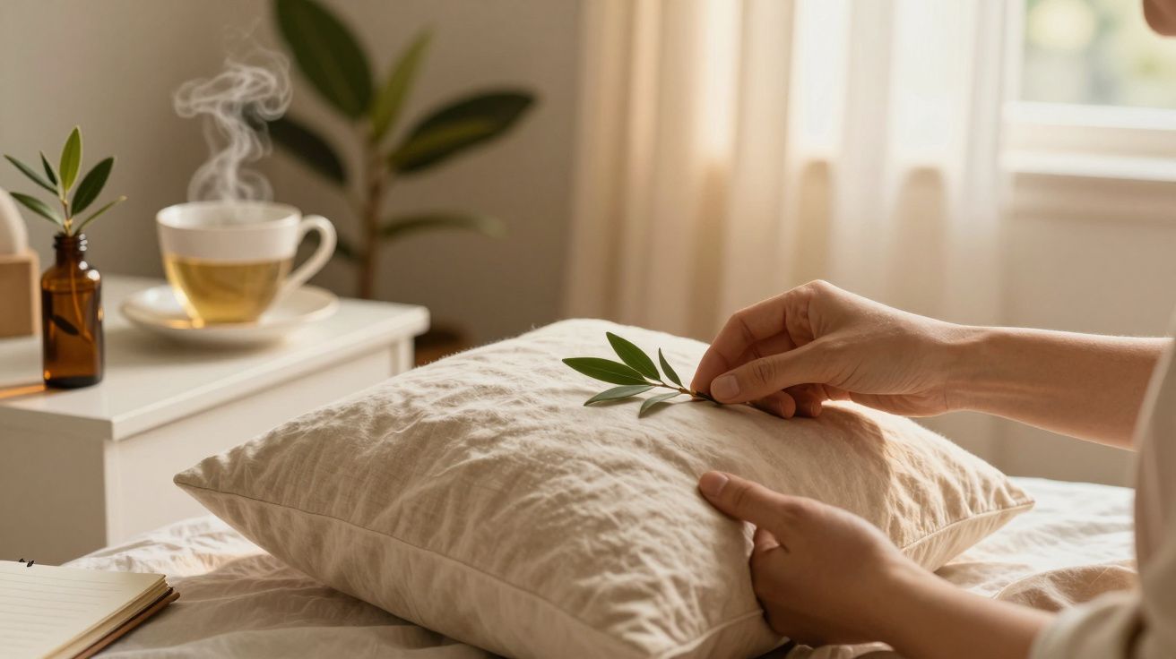 Mãos colocam folhas verdes numa almofada branca, com chá e planta ao fundo numa sala bem iluminada.