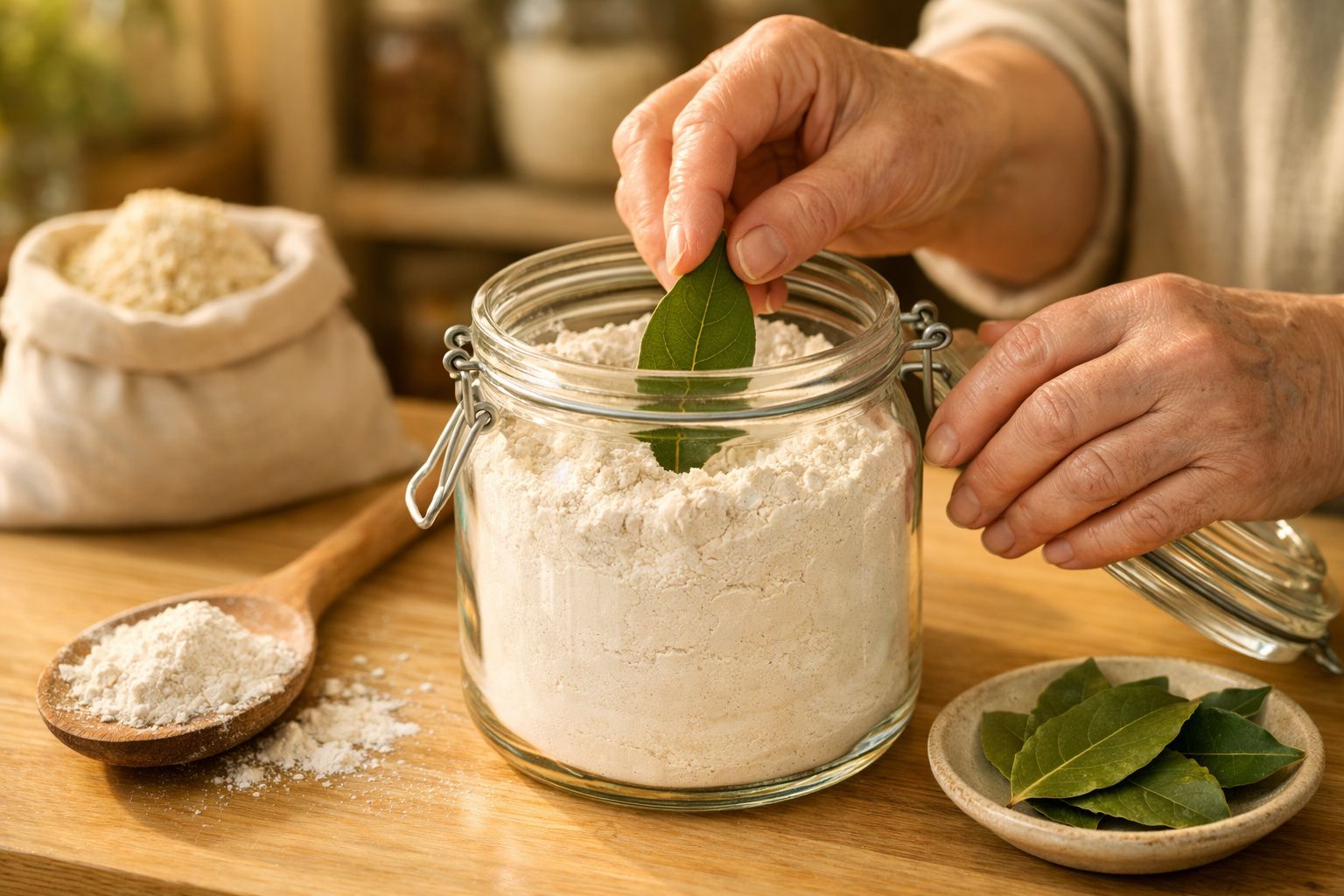 Mãos colocam folha de louro num frasco de farinha sobre uma mesa de madeira com colher e saco de farinha ao fundo.