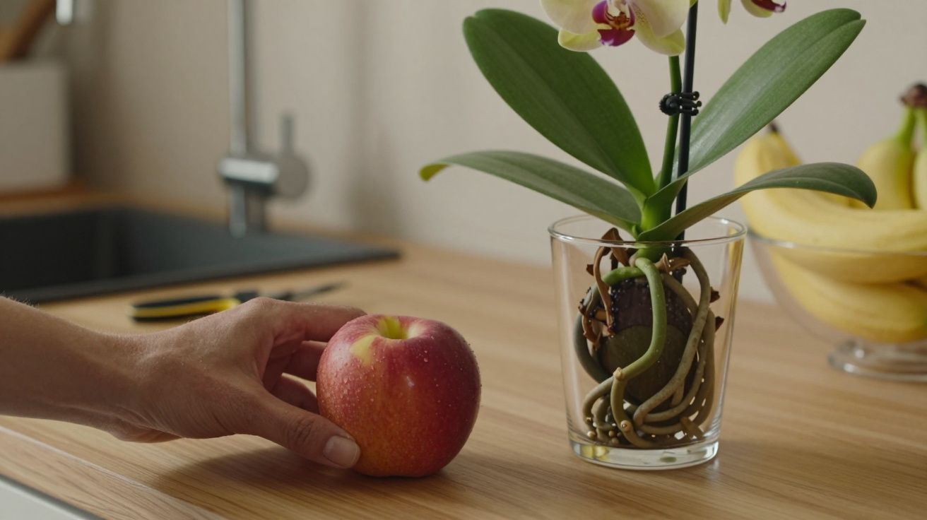 Mão segurando maçã vermelha sobre balcão, ao lado de orquídea num copo e bananas ao fundo.