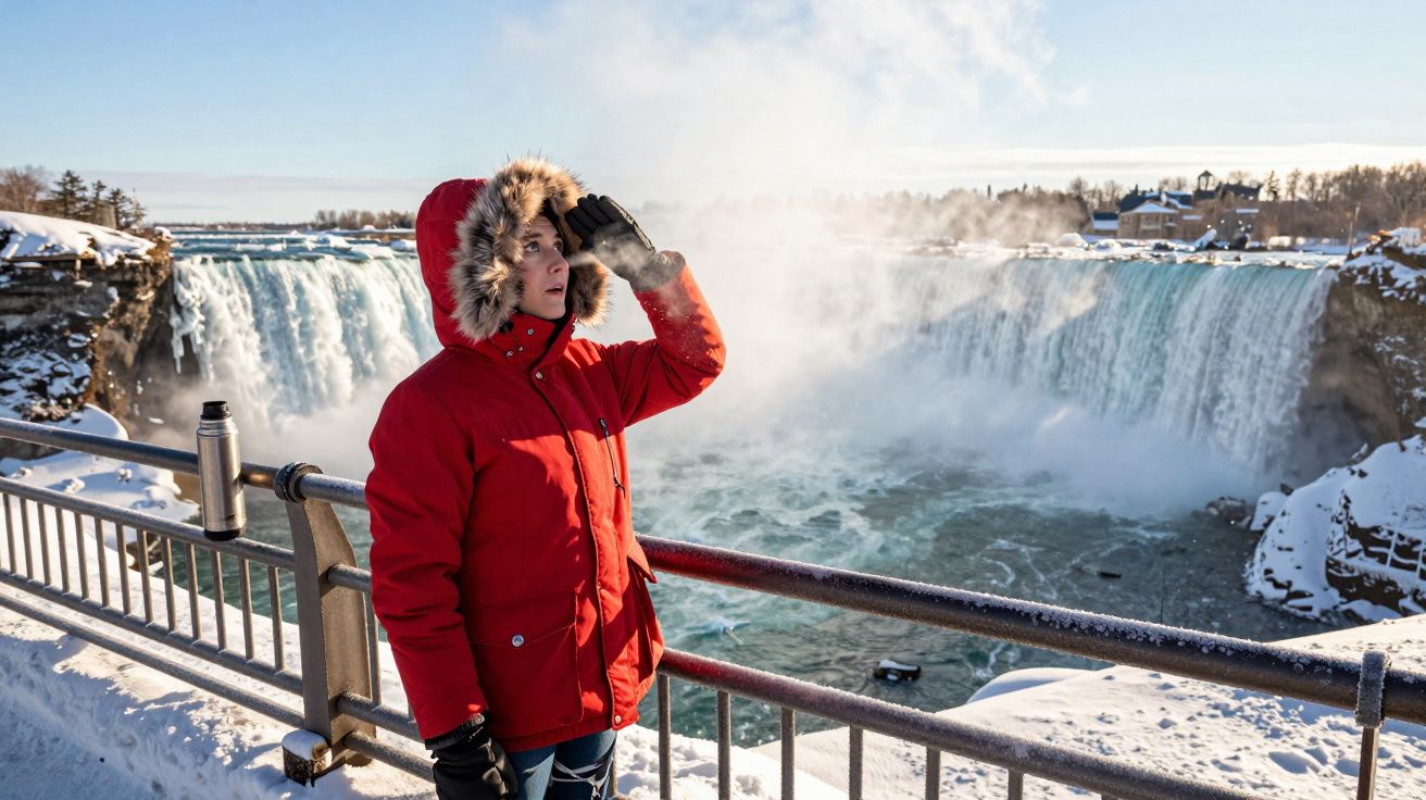 Pessoa com casaco vermelho e capuz observa cataratas nevadas ao longe, junto a uma vedação com termos de café.
