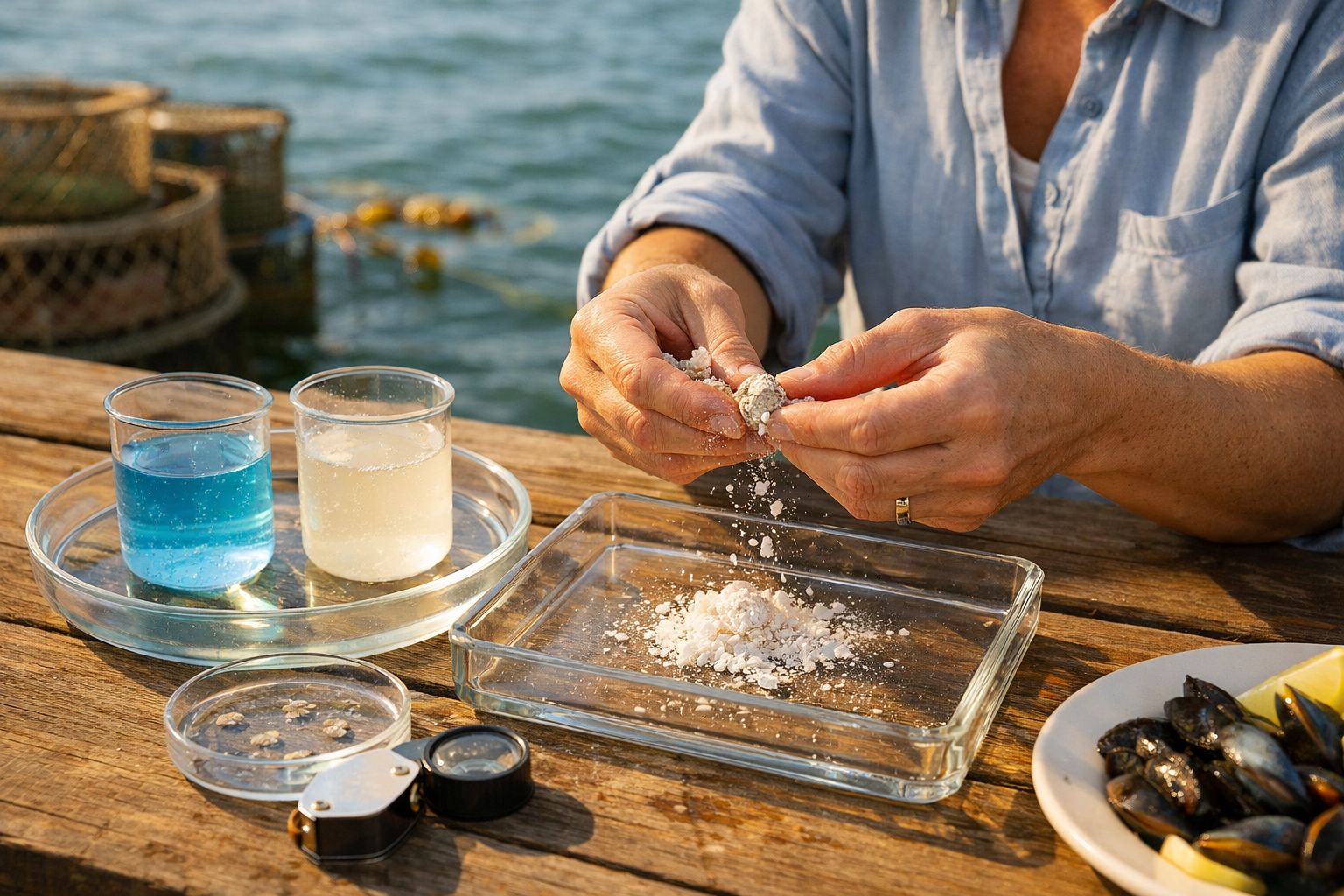 Pessoa manuseia sal grosso com recipientes de líquido e lúpulo em uma mesa de madeira junto ao mar.