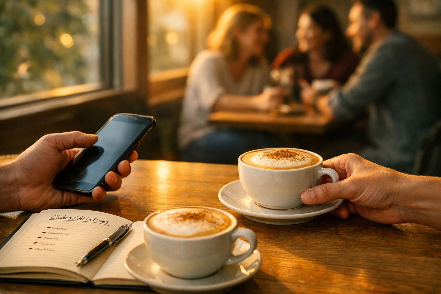 Duas chávenas de café numa mesa de café, com um telemóvel e caderno aberto, pessoas desfocadas ao fundo.