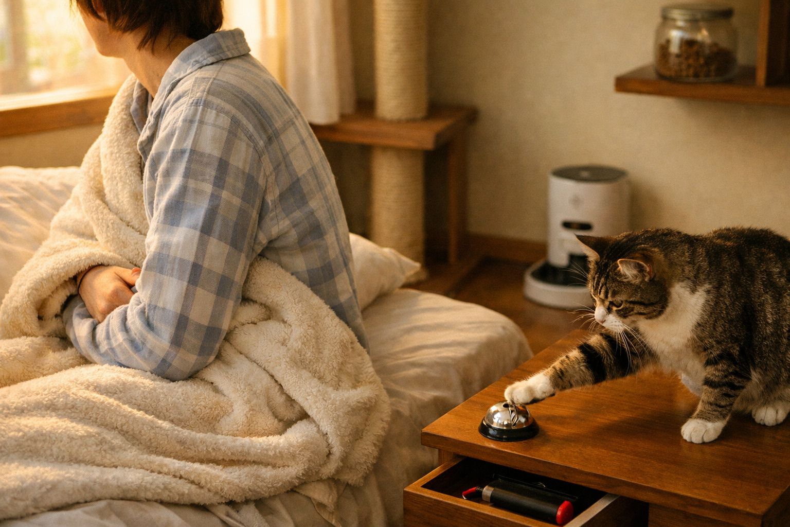 Pessoa com pijama azul abre porta e um gato entra no quarto iluminado; relvado para gatos e comida ao lado.