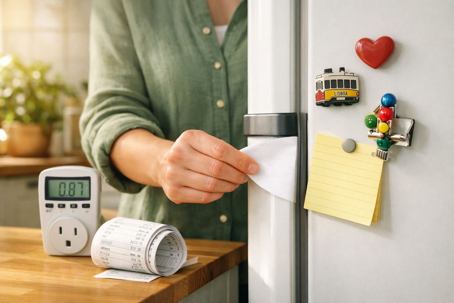 Mãos segurando um íman de frigorífico; relógio de cozinha e tomada programável estão sobre a bancada.