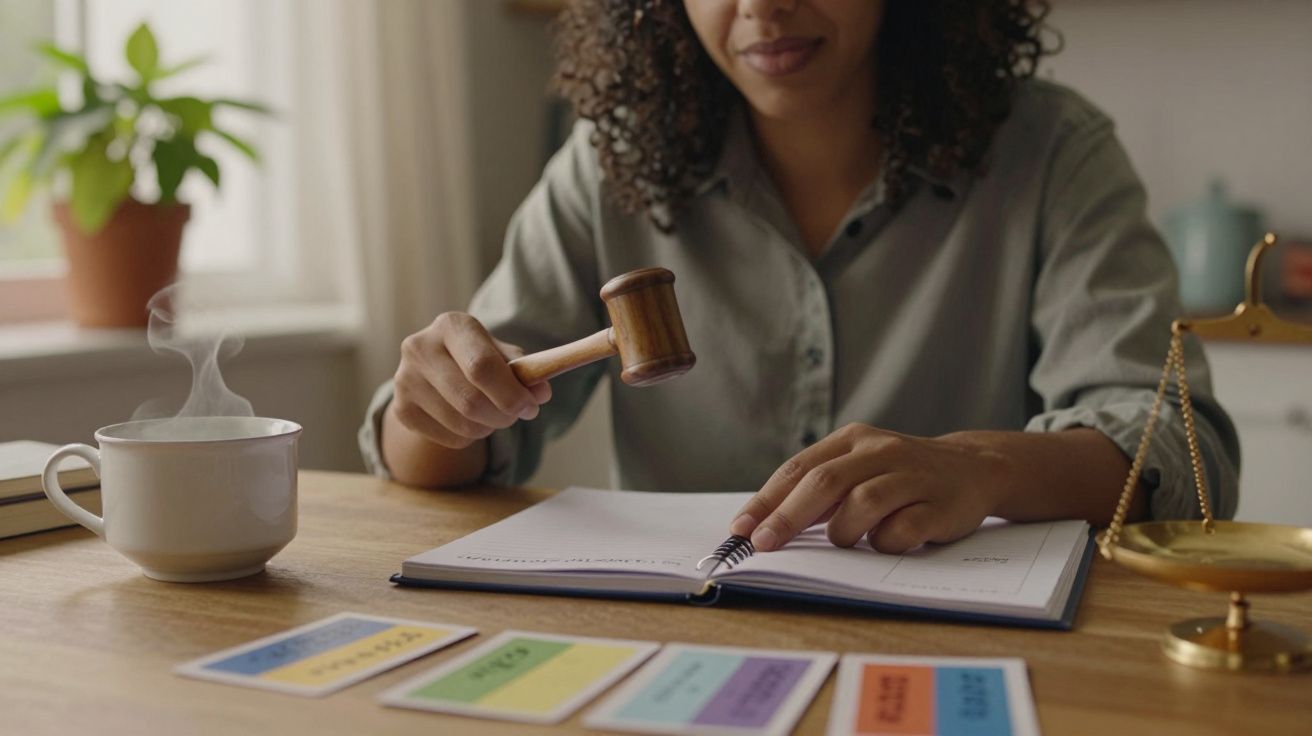 Mulher segura martelo de juiz, com caderno e chá na mesa. Balança dourada e cartões coloridos ao redor.