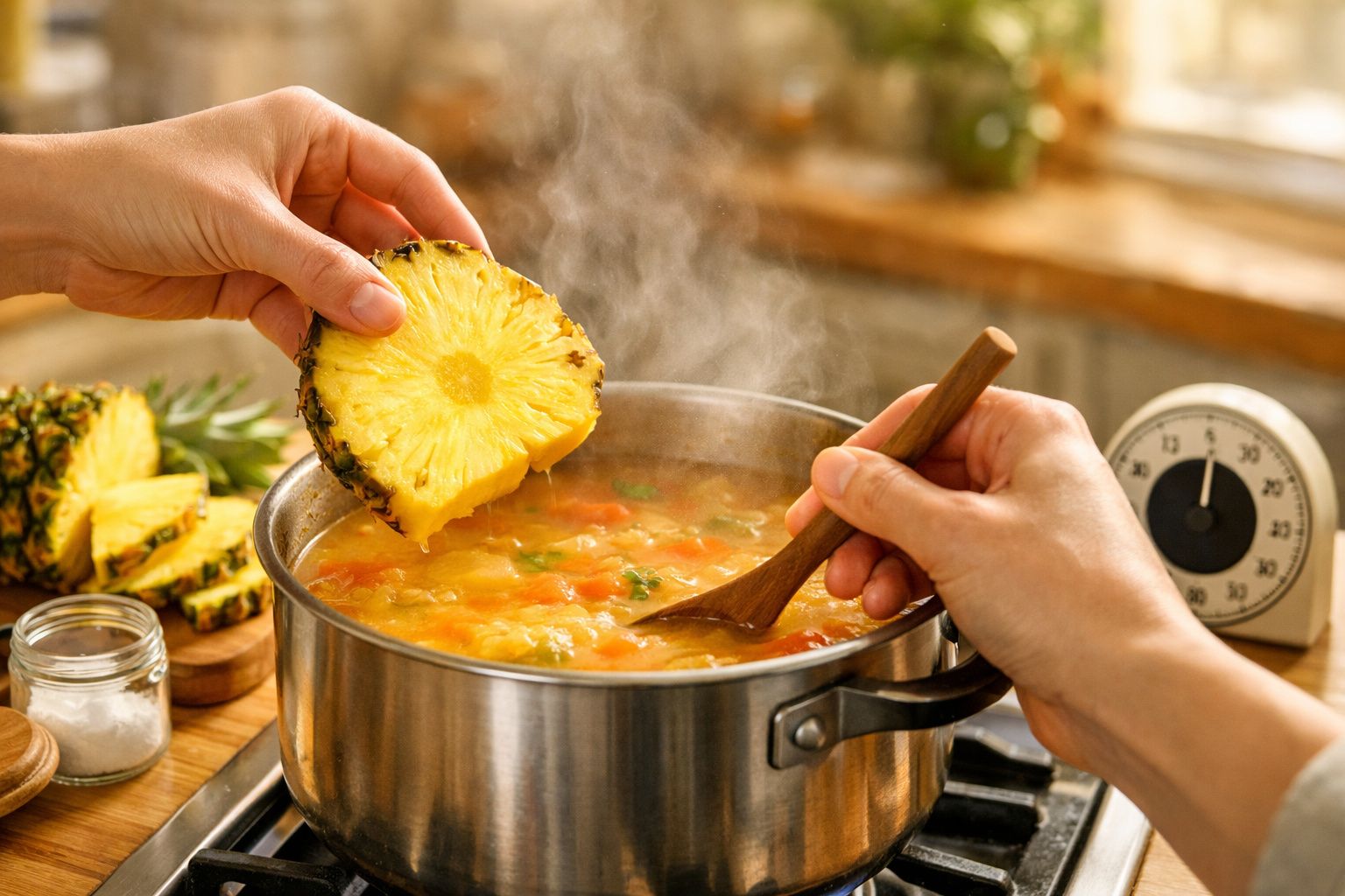 Pessoa adiciona uma rodela de ananás a uma panela de sopa com legumes em cozimento numa cozinha.