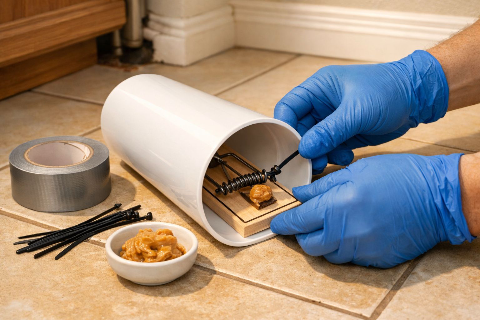 Armadilha cilíndrica branca para ratos com isco de manteiga de amendoim num chão de madeira.