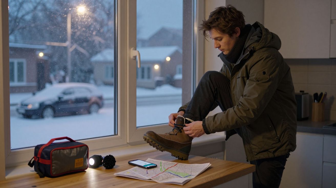 Homem com casaco coloca botas numa cozinha com janela, mapas, telemóvel e neve lá fora.